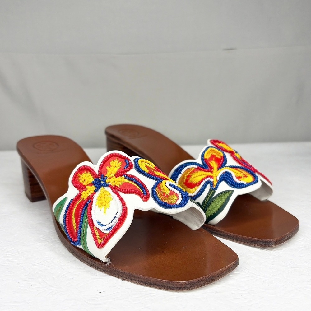 Tory Burch Bianca 45 MM Beaded Floral Leather Block Heel Slide Sandal Size 9M‎